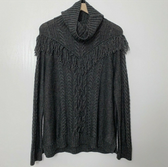Joie Viviam Fringe Turtle Neck Sweater Wool Cable Knit - Picture 3 of 7